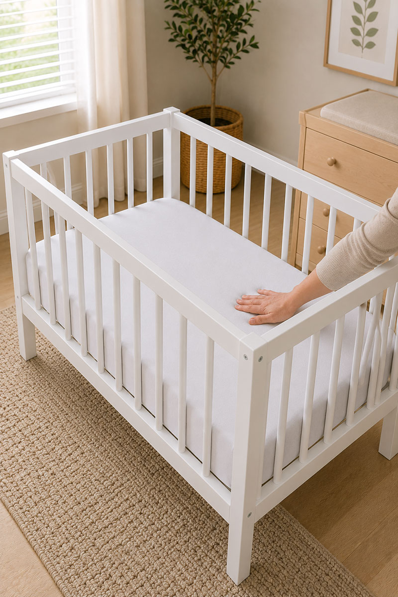 Mini crib mattress aligned evenly within crib frame to illustrate labeling and compatibility