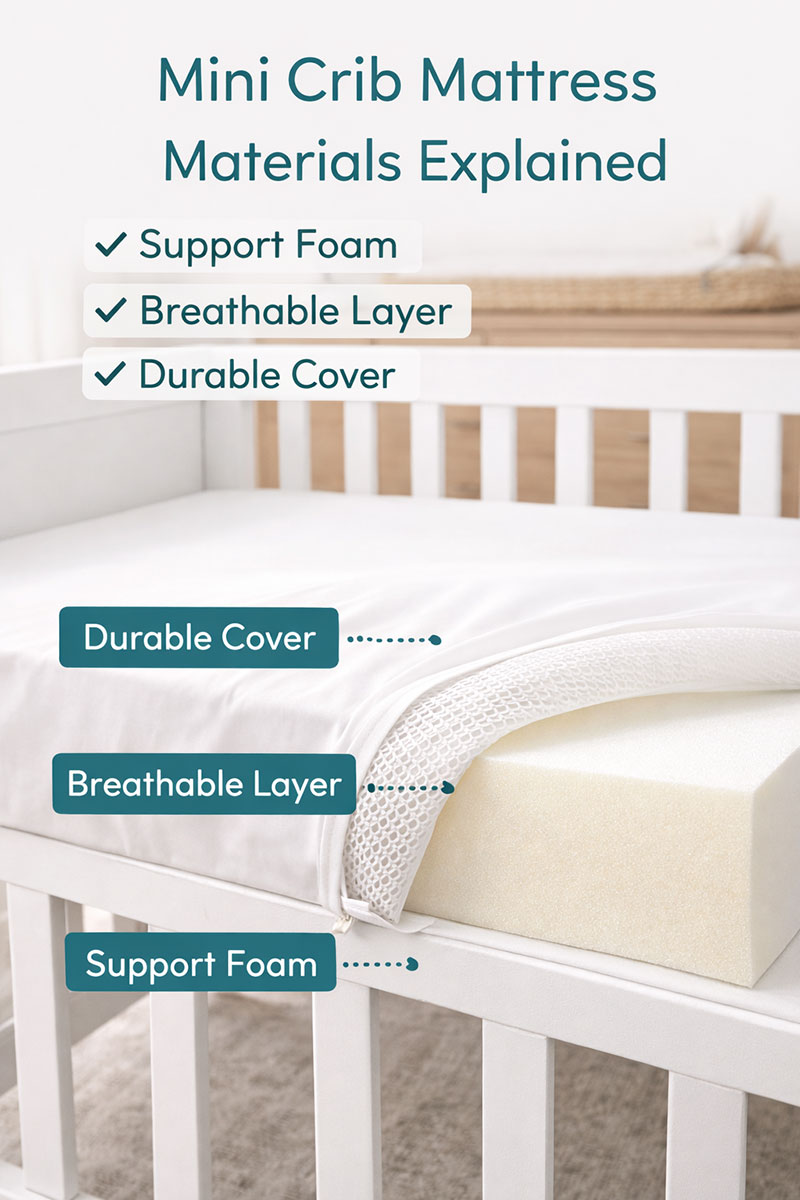 layers inside a mini crib mattress showing foam and support structure