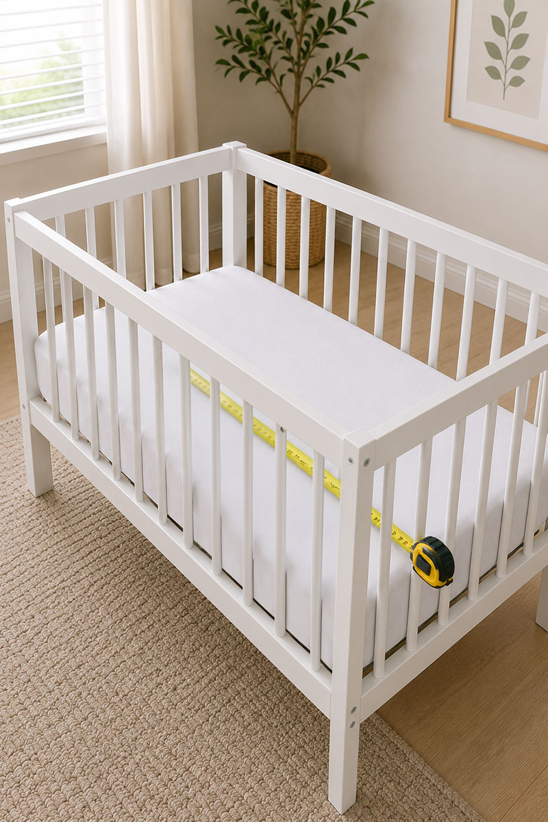 Measuring tape placed along the edge of a mini crib mattress to show thickness