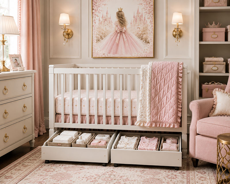 Mini crib with organized pull out storage underneath