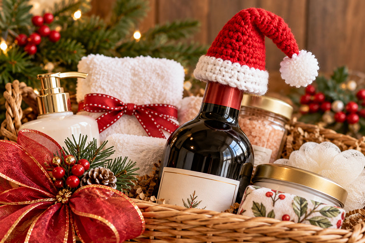 Mini crochet Santa hat from the side showing the long tapered red cone white crocheted brim and drooping tip in a festive new mom gift basket with a bottle of wine and pampering products