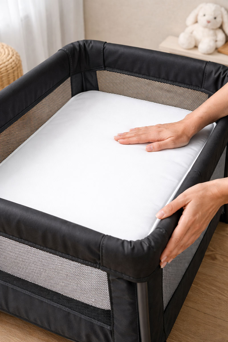 Hands checking the edges of a mini portable crib mattress for flat alignment within the crib frame