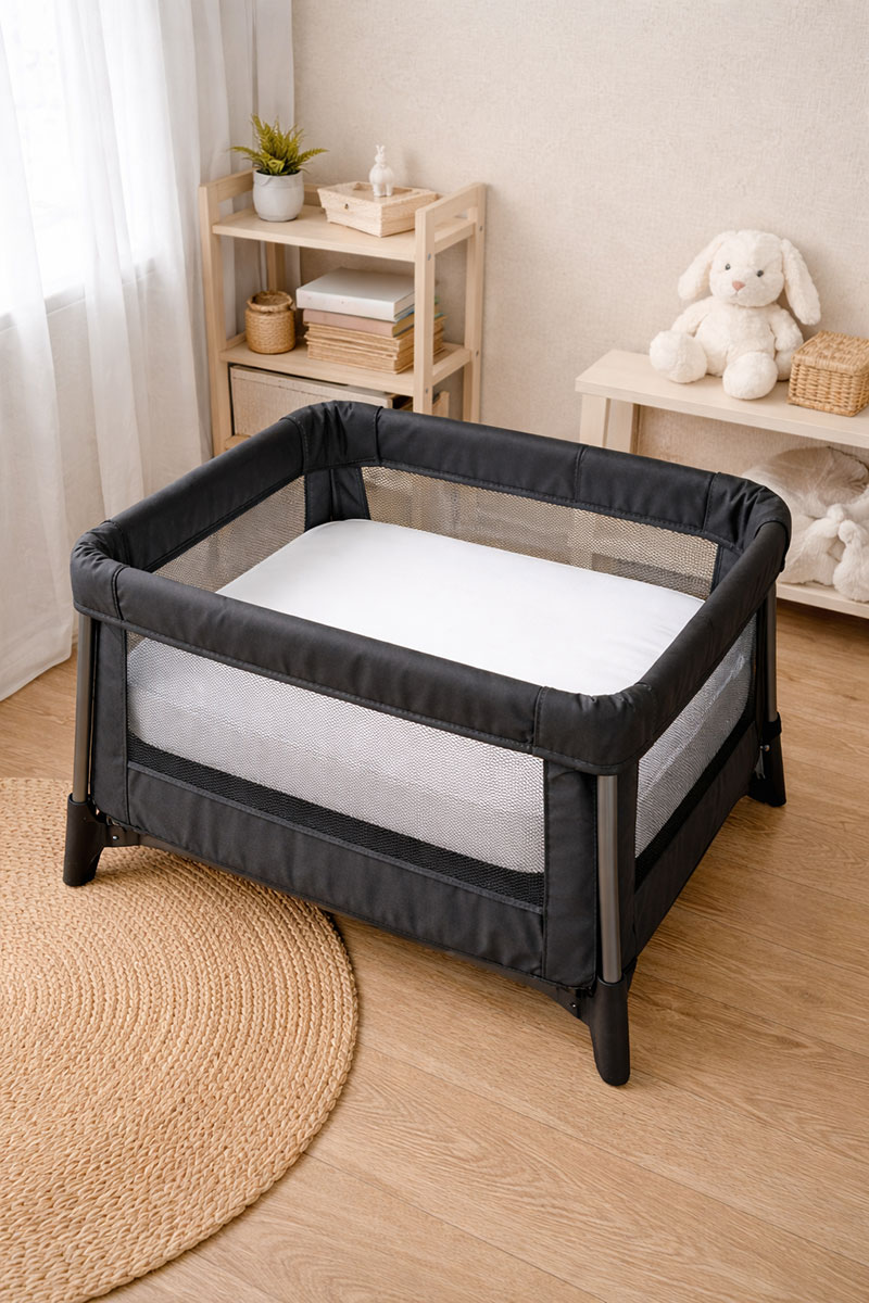 Mini portable crib positioned in a small nursery space with mattress aligned flat inside the frame