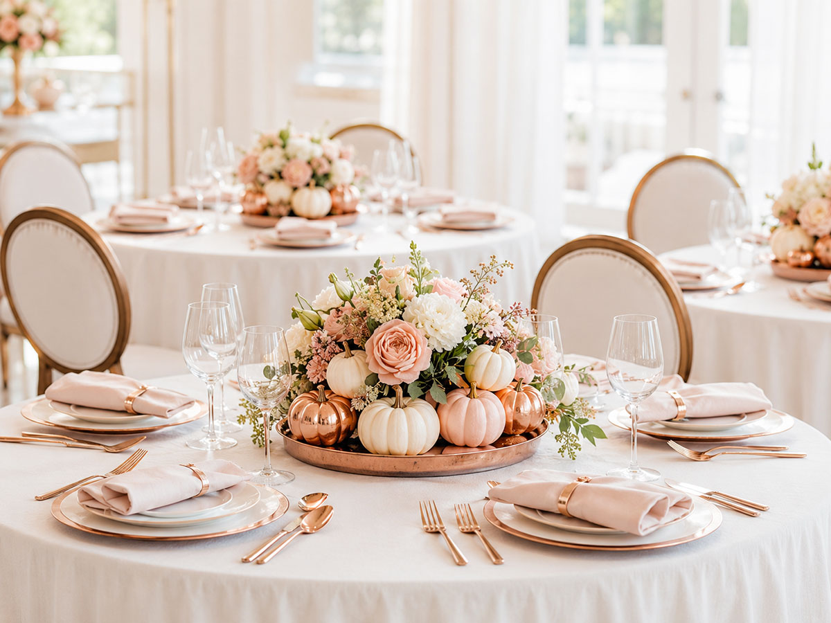 Low baby shower centerpiece with blush, white and copper mini pumpkins arranged around flowers on a round table
