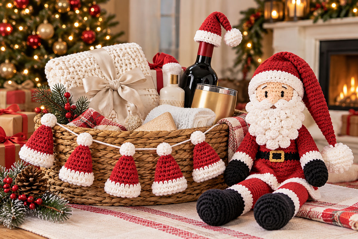Mini crochet Santa hats decorating a baby's first Christmas gift basket beside a finished crochet Santa doll