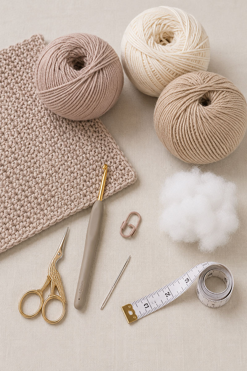 neutral yarn and crochet supplies for minimalist crochet lovey pattern