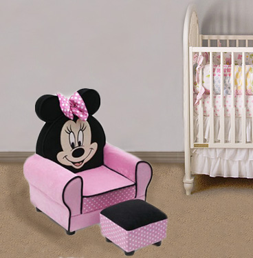 Pink and black Minnie Mouse kids chair for the baby's nursery room with polka dots.