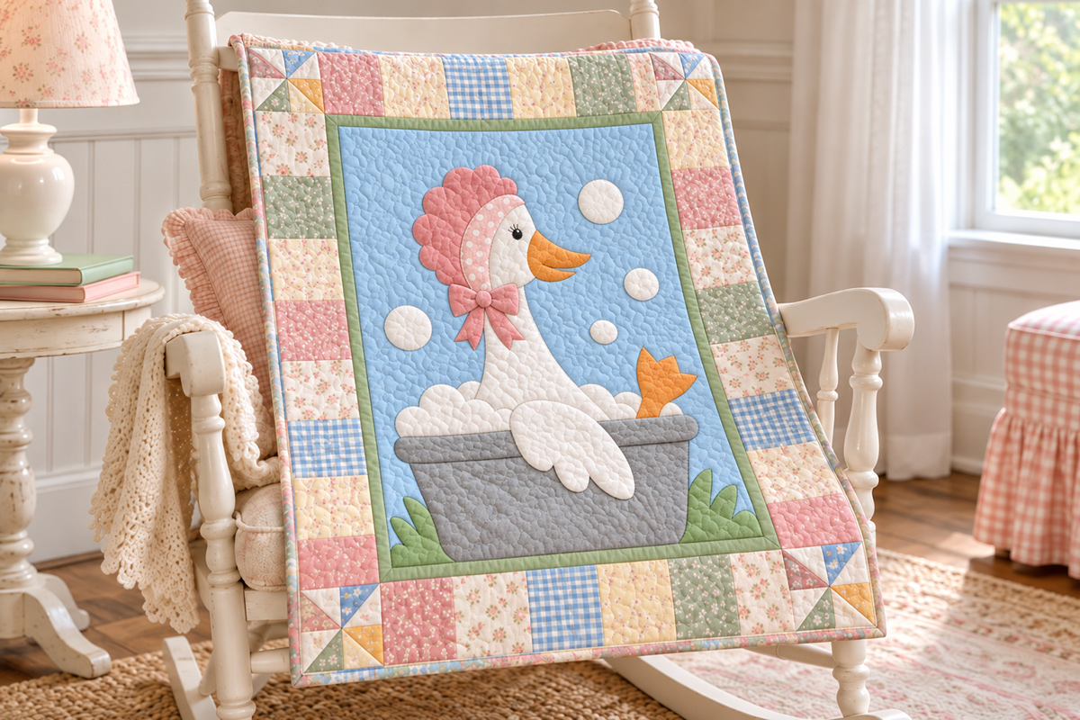 Miss Sissy the Prissy Goose crib quilt shown in a pastel spring colorway using the same appliqué pattern