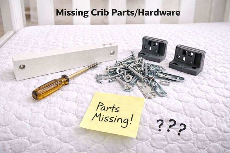 Parts laid out for identification, including bolts, brackets, and screws.  Common crib hardware pieces