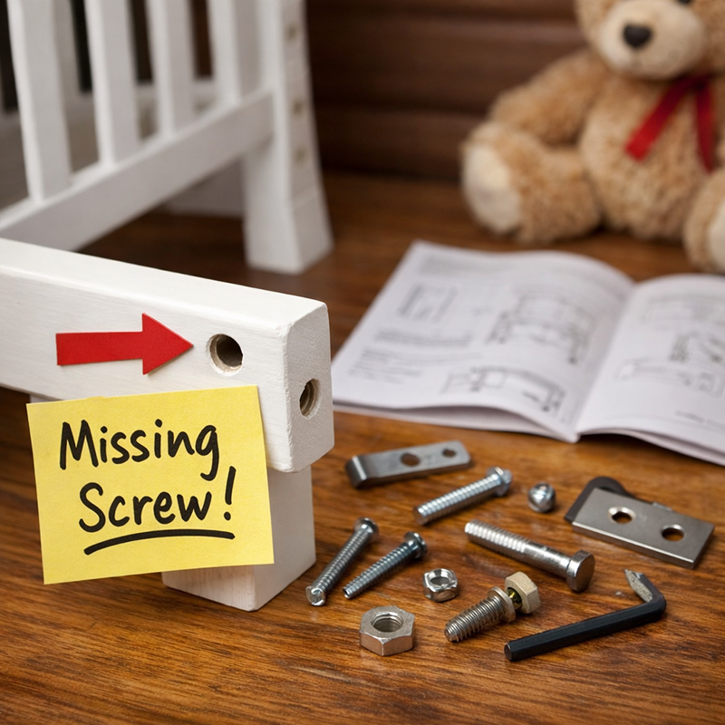 Missing crib screw and hardware stopping crib assembly during nursery setup