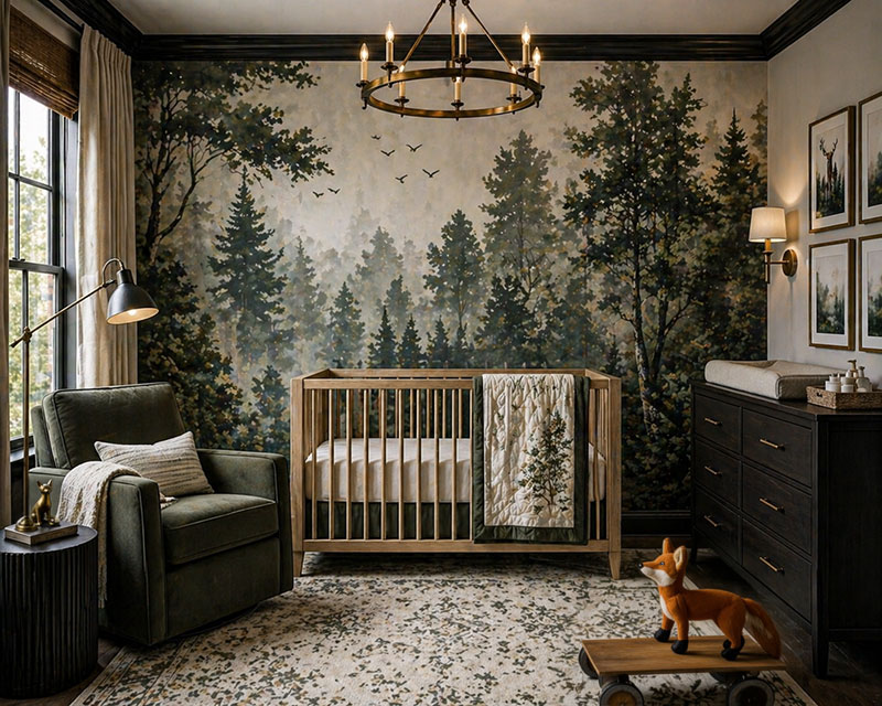 Misty forest nursery wall mural behind a crib with woodland trees, a green nursery chair, and vintage fox decor