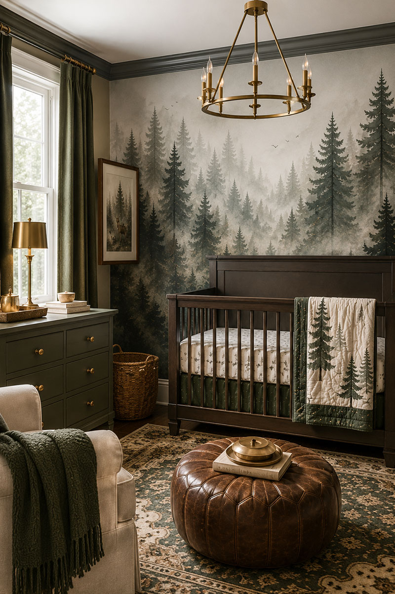 Woodland nursery with misty forest wallpaper and layered forest decor