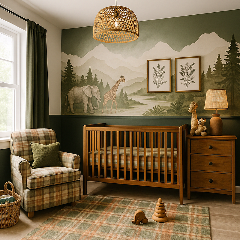 modern baby boy nursery in sage green and terracotta tones with wooden crib and botanical mural