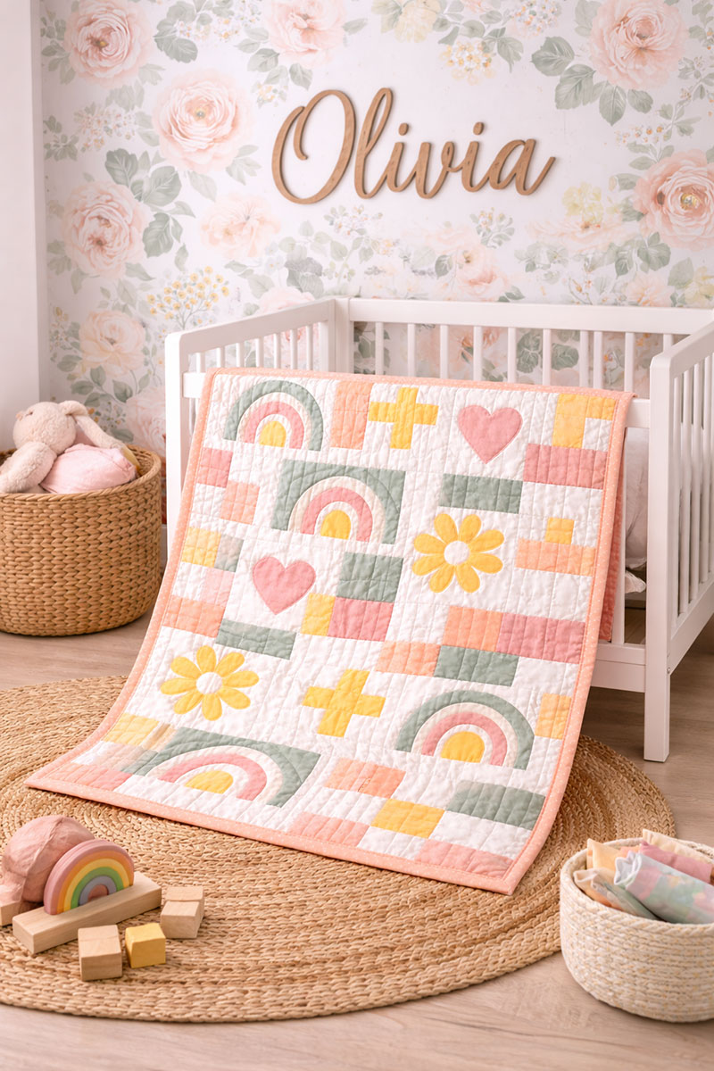 Modern crib quilt pattern beginner friendly design featuring clean geometric blocks in soft sage, cream, and muted blush arranged in a minimalist nursery setting