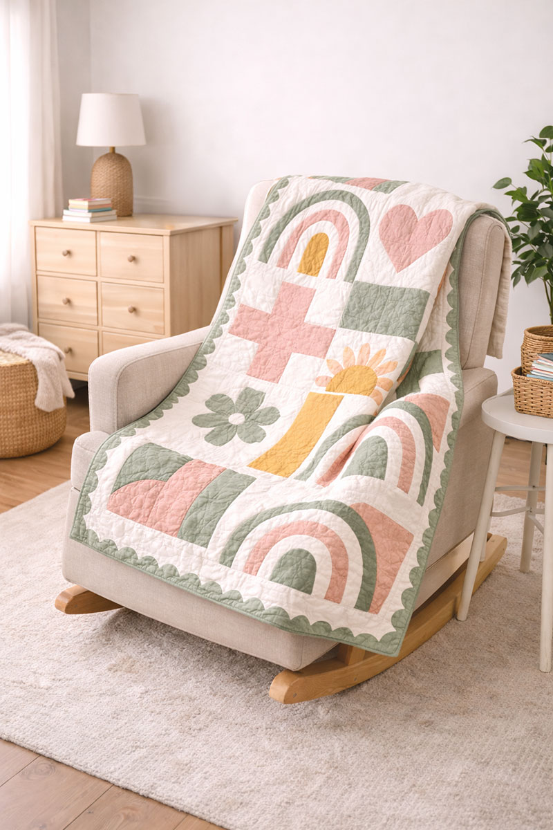Modern rainbow crib quilt draped over a nursery rocking chair in soft spring colors