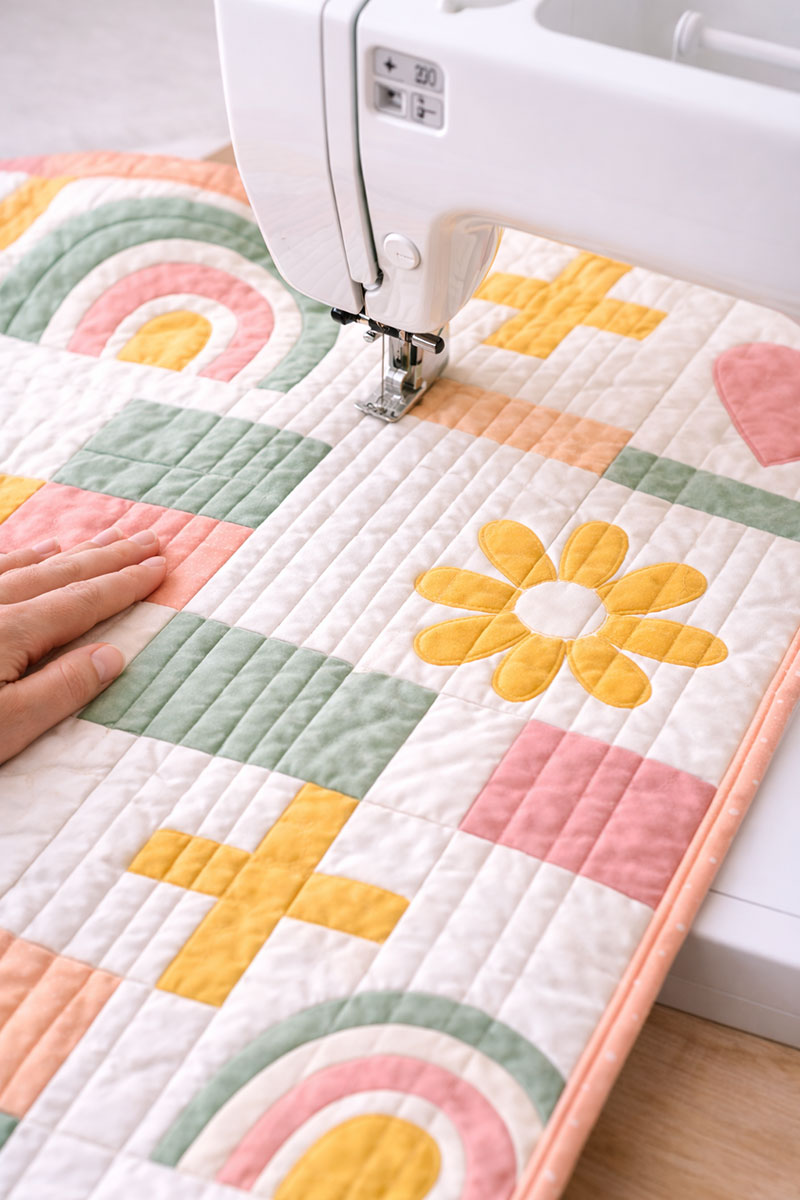 Straight-line quilting detail across rainbow and plus blocks on a modern crib quilt pattern
