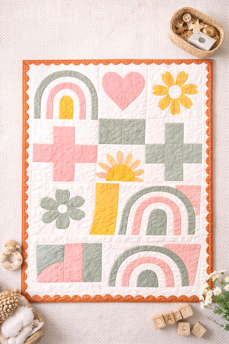 Styled flat lay of a modern rainbow crib quilt pattern showing the full block layout on a light textured rug