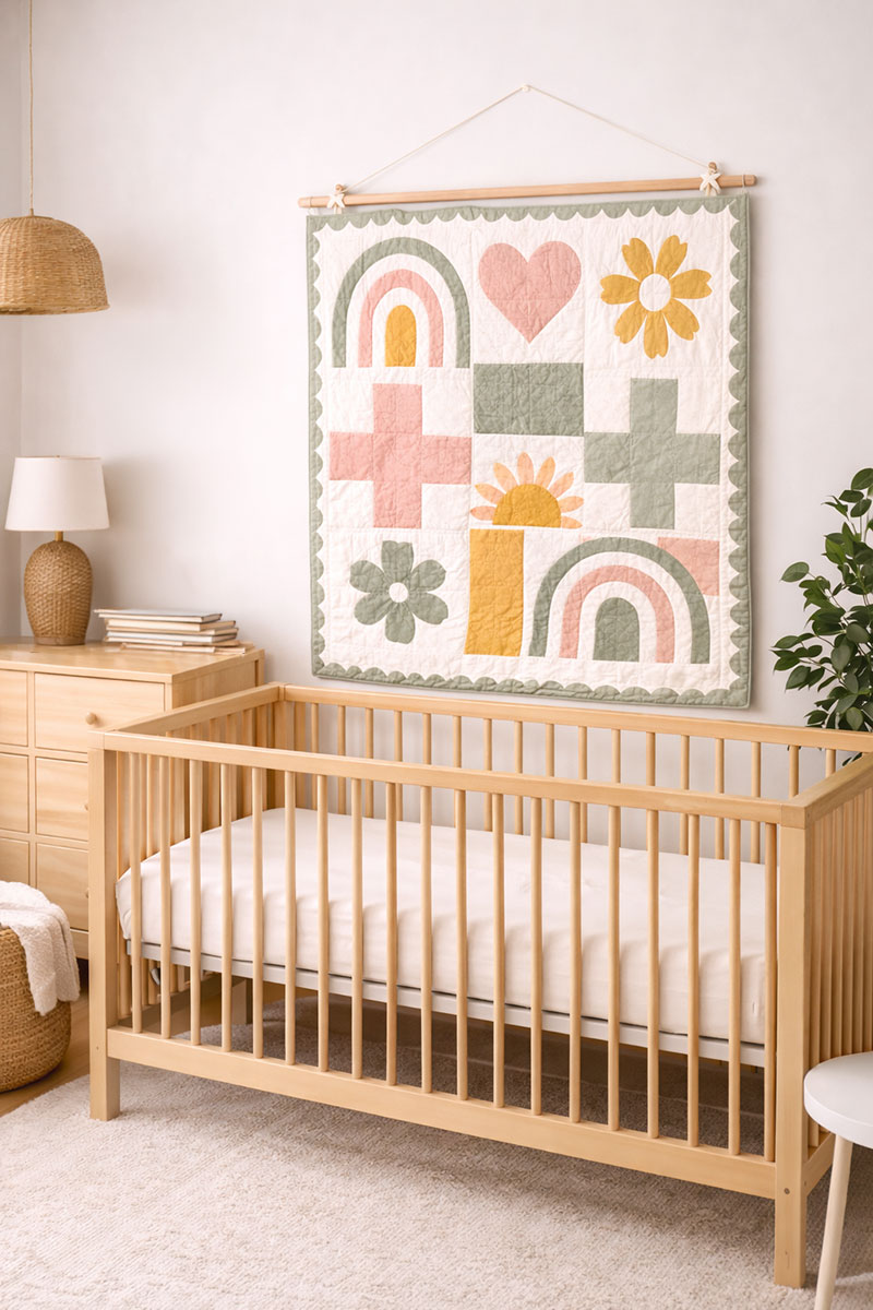 Modern rainbow crib quilt used as a wall hanging above the crib with a clean nursery backdrop
