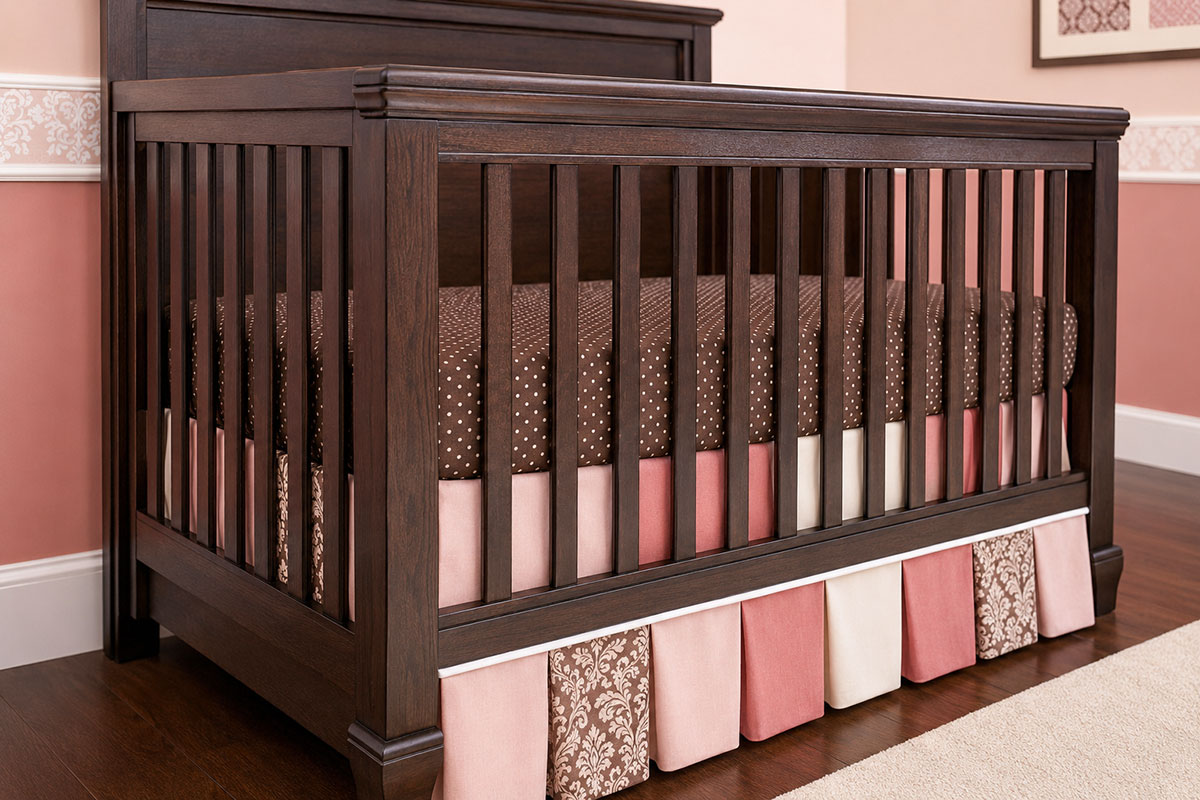 Pink, brown and white baby bedding with vintage damask, polka-dot and tailored fabric details