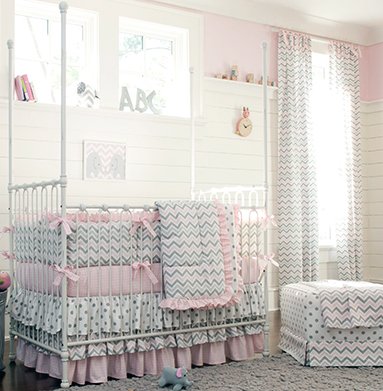 Modern pink baby girl crib bedding set in chevron and polka dots fabric with crib skirt and ruffles in pink grey and white