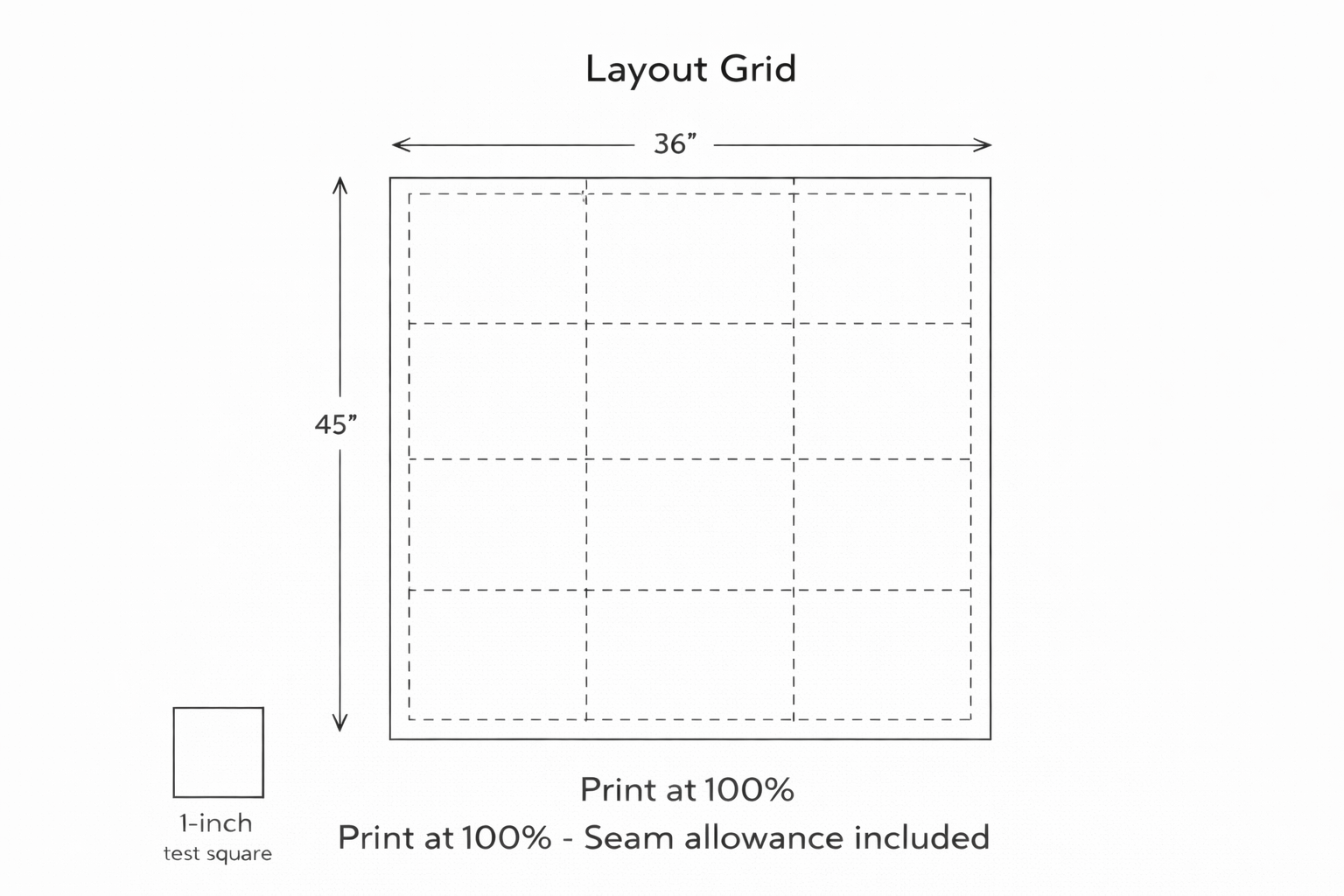Printable 36 x 45 layout grid diagram showing 3 by 3 block arrangement for modern rainbow crib quilt pattern
