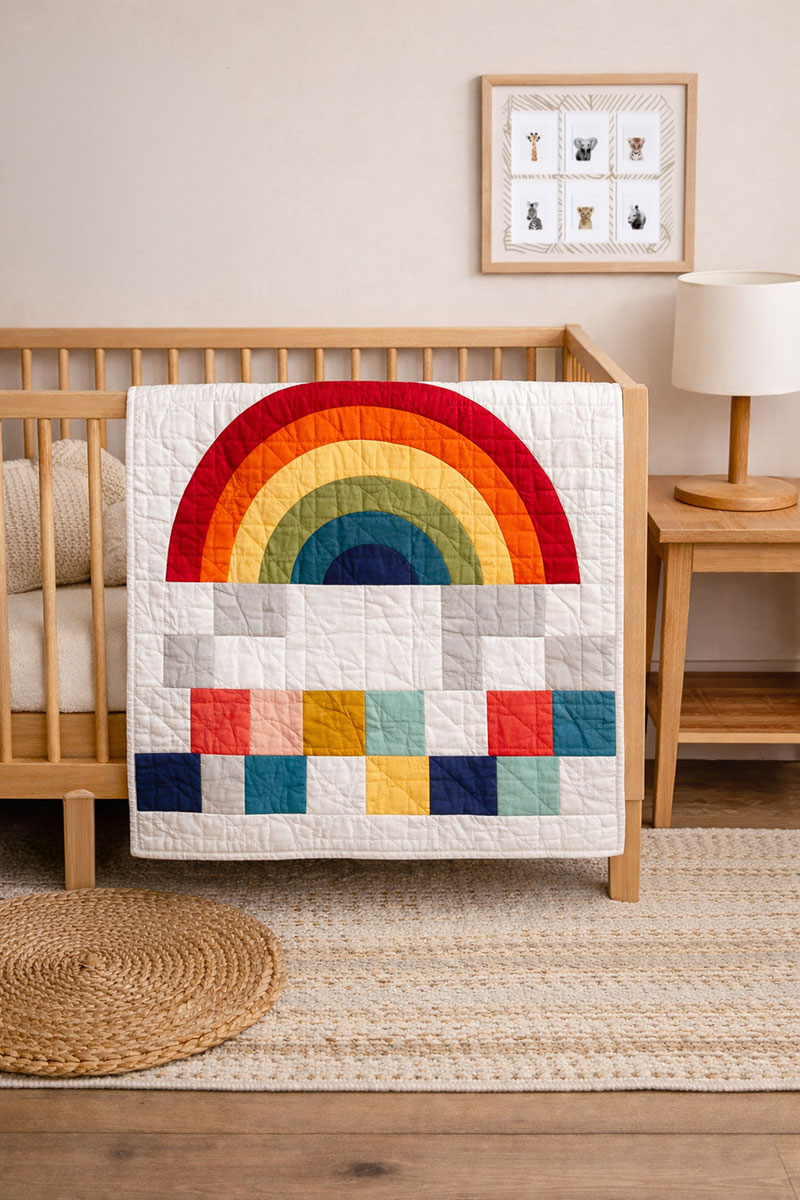 Modern rainbow crib quilt pattern styled in a neutral nursery with clean geometric color blocks