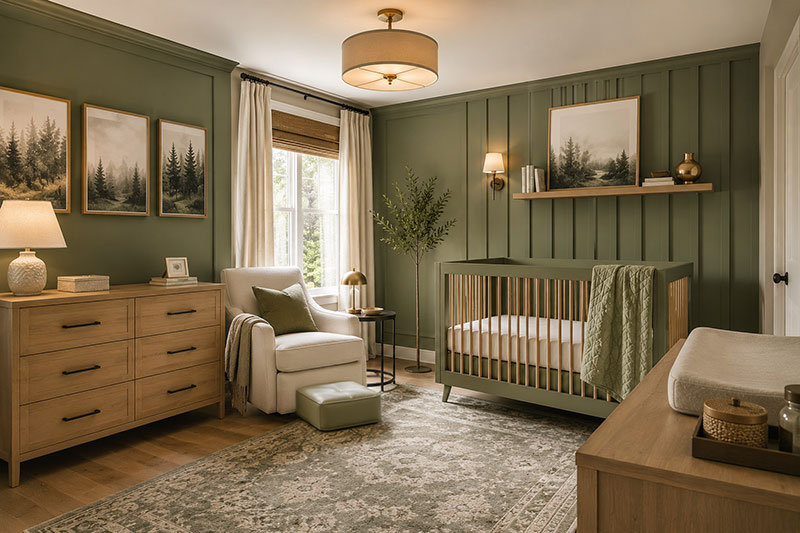 Modern sage green nursery with white crib, natural wood dresser and sophisticated nursery decor