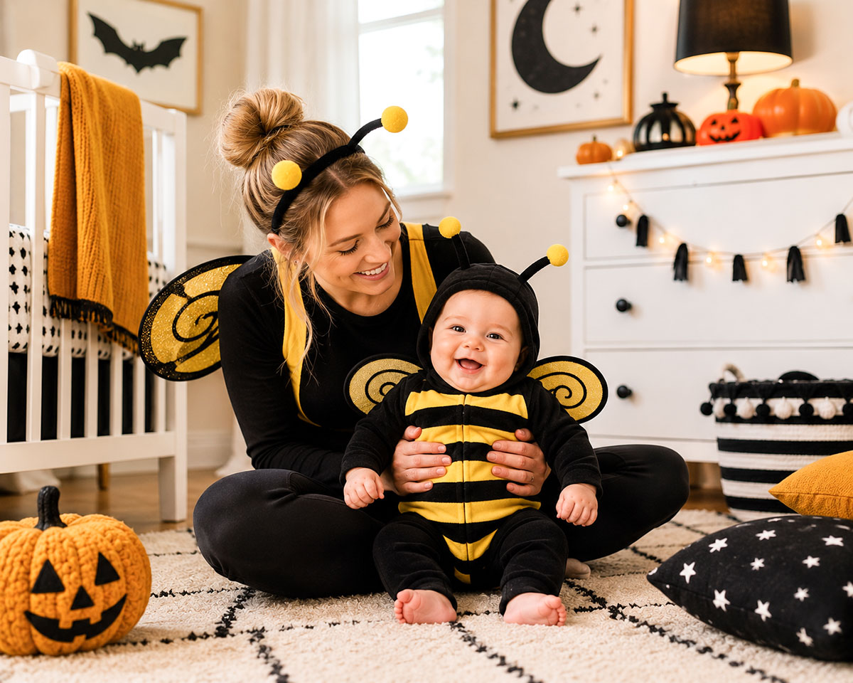 Mom and baby Halloween costume ideas with coordinated simple costumes that are easy for holding and carrying a baby
