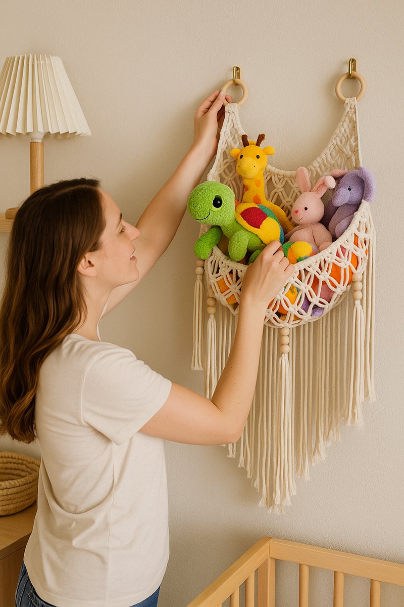 Mom proudly hanging her handmade macrame toy hammock with long beaded fringe and colorful plush toys in a cozy nursery