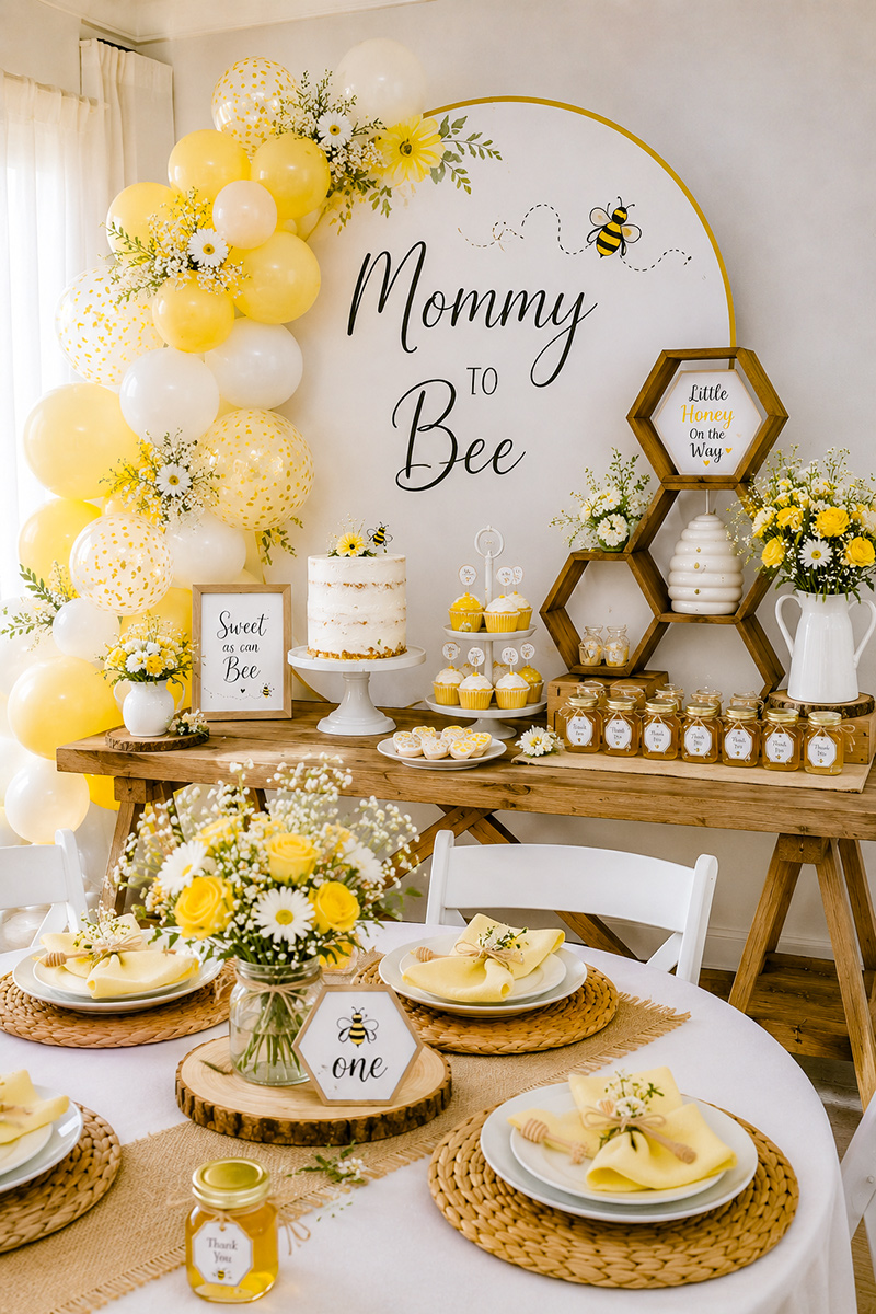 Mommy to bee baby shower ideas with elegant Mama to Bee dessert table, honeycomb decorations, favors, and bee themed party styling