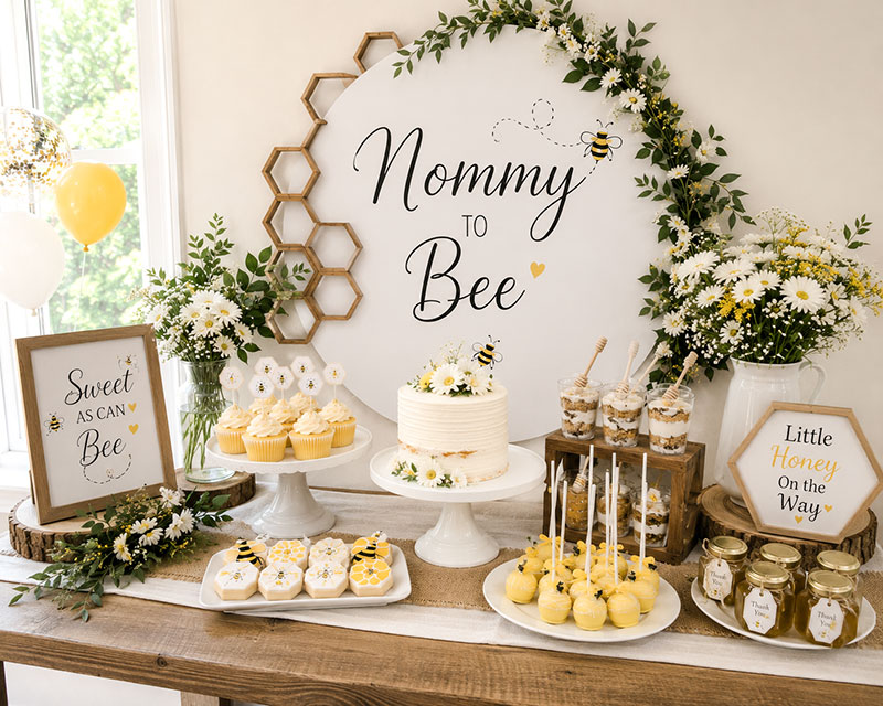 Mommy to bee dessert table with honey inspired treats, pastries, and coordinated serving pieces