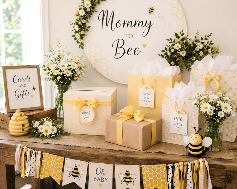 Mommy to bee gift table with family photographs, keepsakes, and coordinated party styling