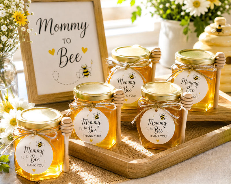Mommy to bee honey jar favors displayed on a coordinated favor table