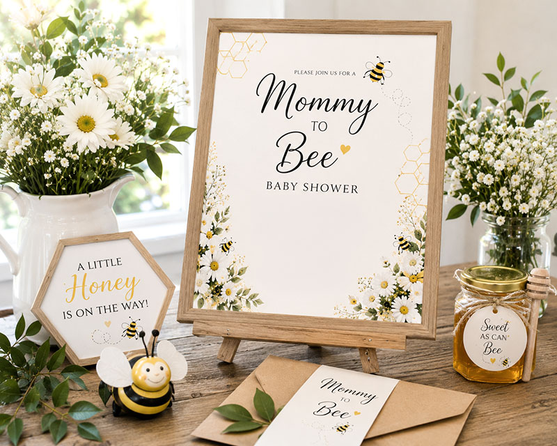 Mommy to bee invitation display with coordinated bee themed stationery and party details