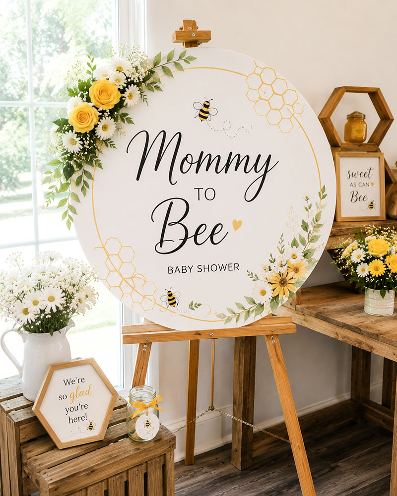 Mommy to bee welcome sign display with bee themed styling and coordinated party details