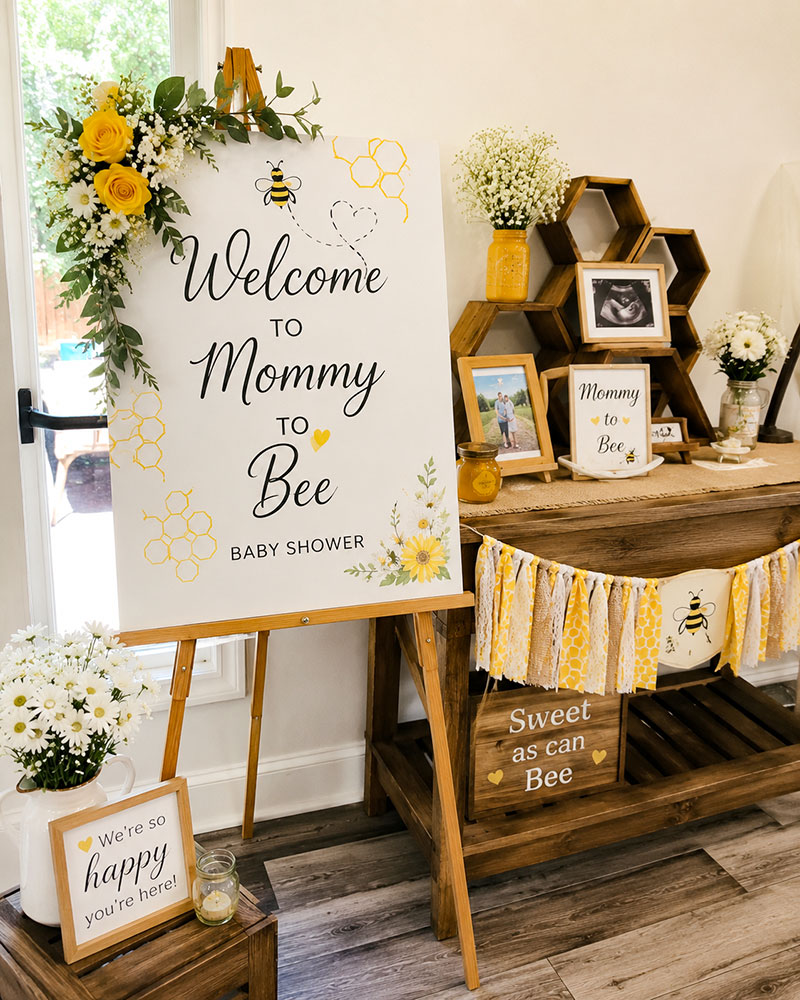 Mommy to bee baby shower welcome display with maternity photos, honeycomb details, and coordinated party styling