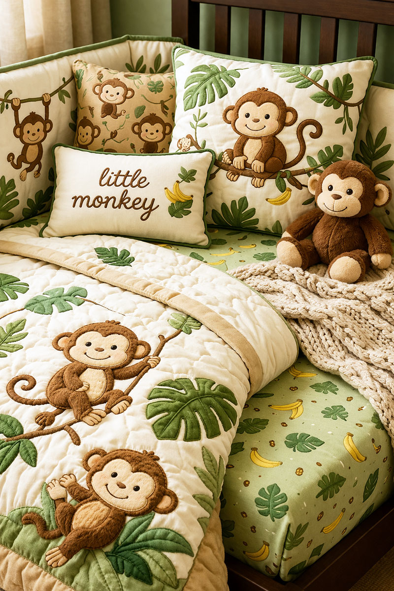 Monkey baby nursery bedding in soft green, tan, and cream with playful jungle details