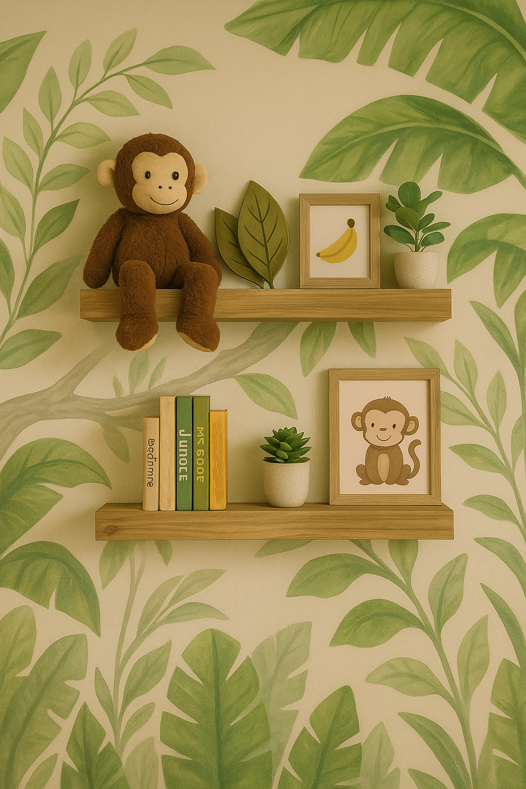 Monkey-themed nursery floating wall shelves styled with rattan baskets, framed jungle art, and neatly stacked baby books
