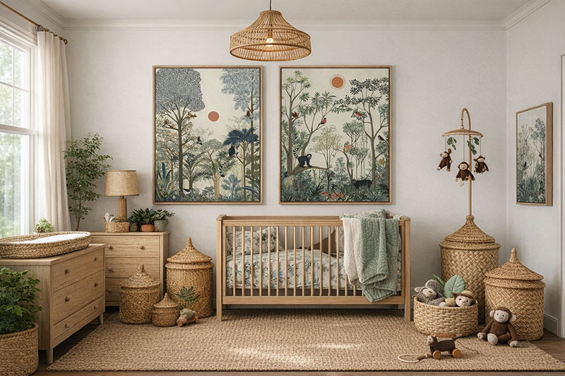Monkey baby nursery with framed custom jungle art, a bamboo ceiling light, and a monkey ceiling mobile