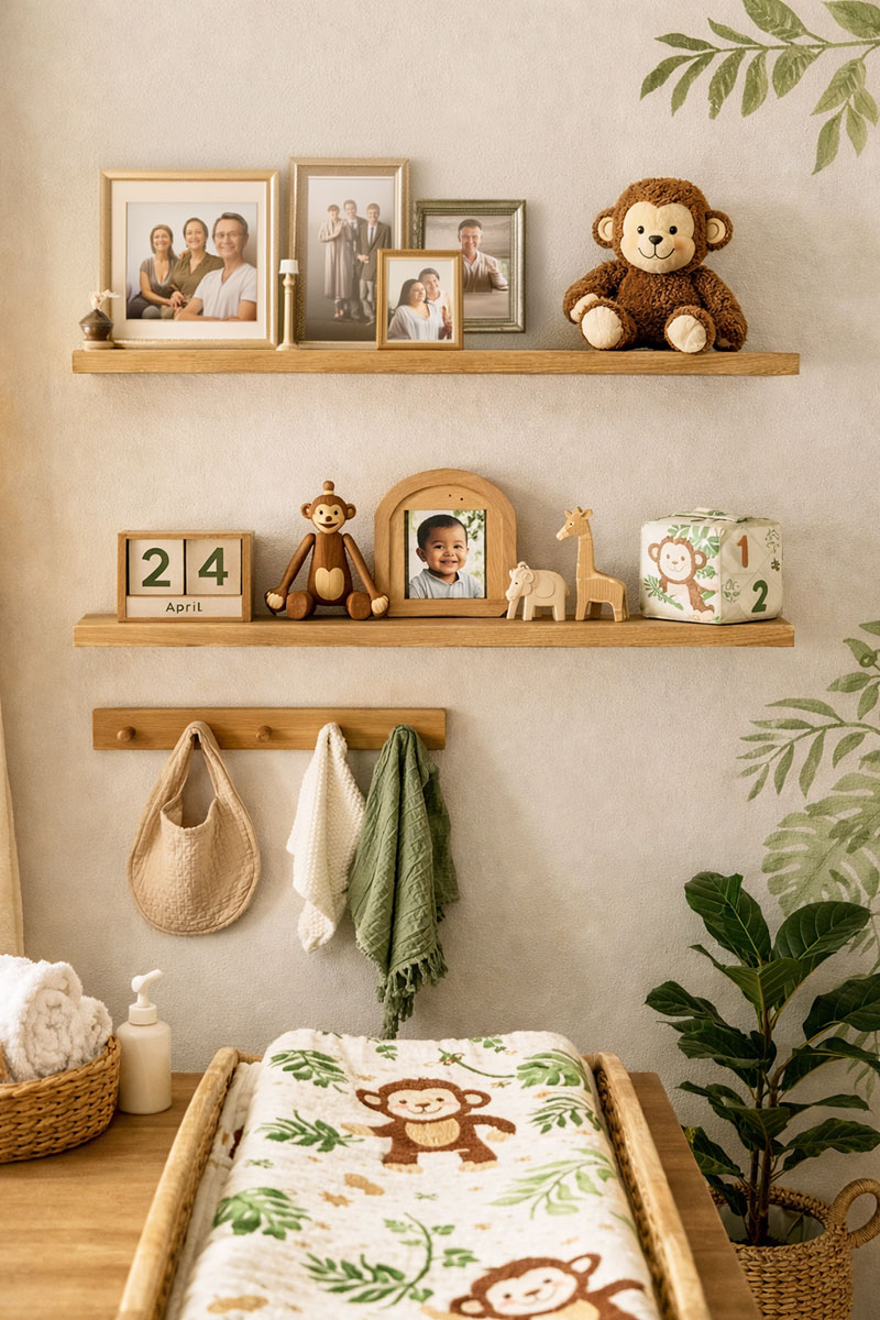 Monkey nursery floating shelves styled with baby books, framed jungle art, and woven baskets