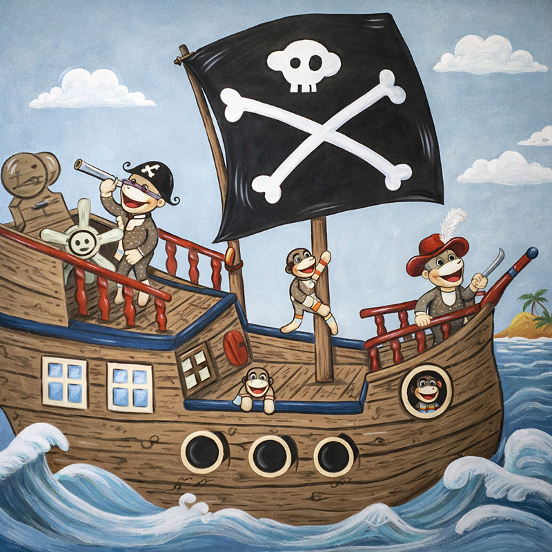 Pirate theme baby nursery wall mural painting in a sock monkey theme