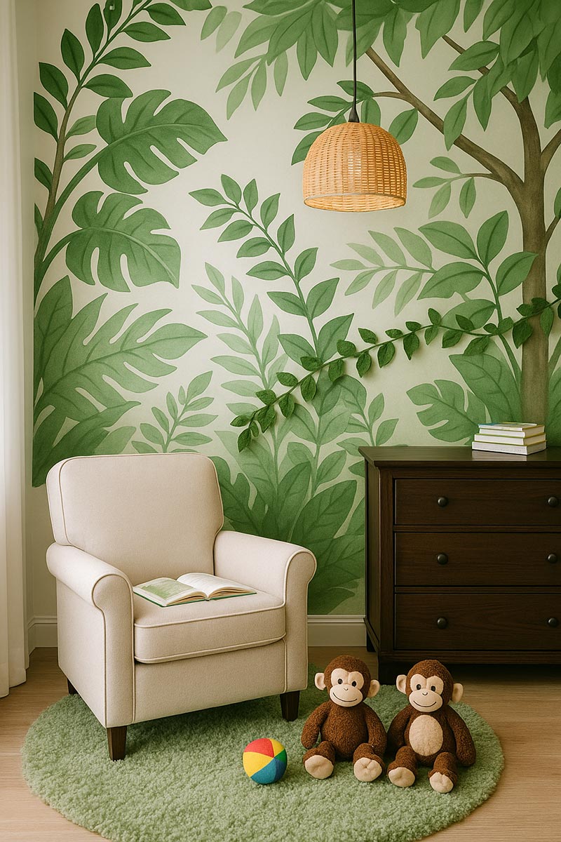 Monkey-themed nursery reading nook with rattan pendant light, leafy mural, and children's books