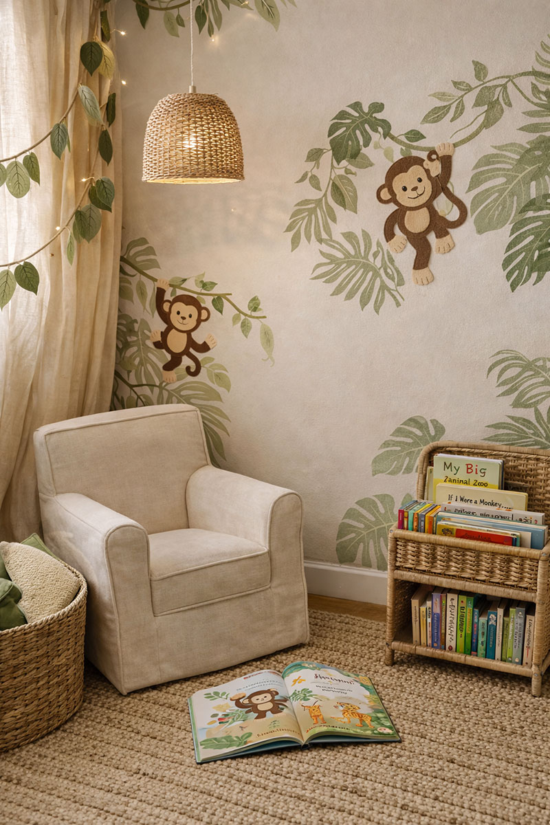 Monkey-themed nursery reading nook with a woven pendant light, leafy wall mural, and books beside a child-sized chair