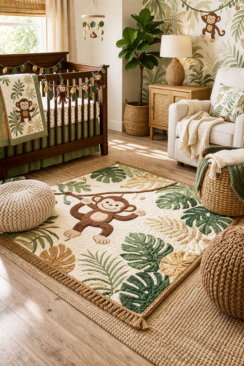 Monkey nursery with woven baskets, a soft rug, cotton curtains, and warm natural textures