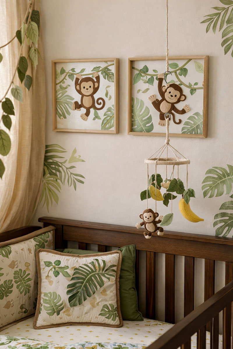 Monkey nursery wall art with jungle leaves and a hanging monkey mobile over the crib
