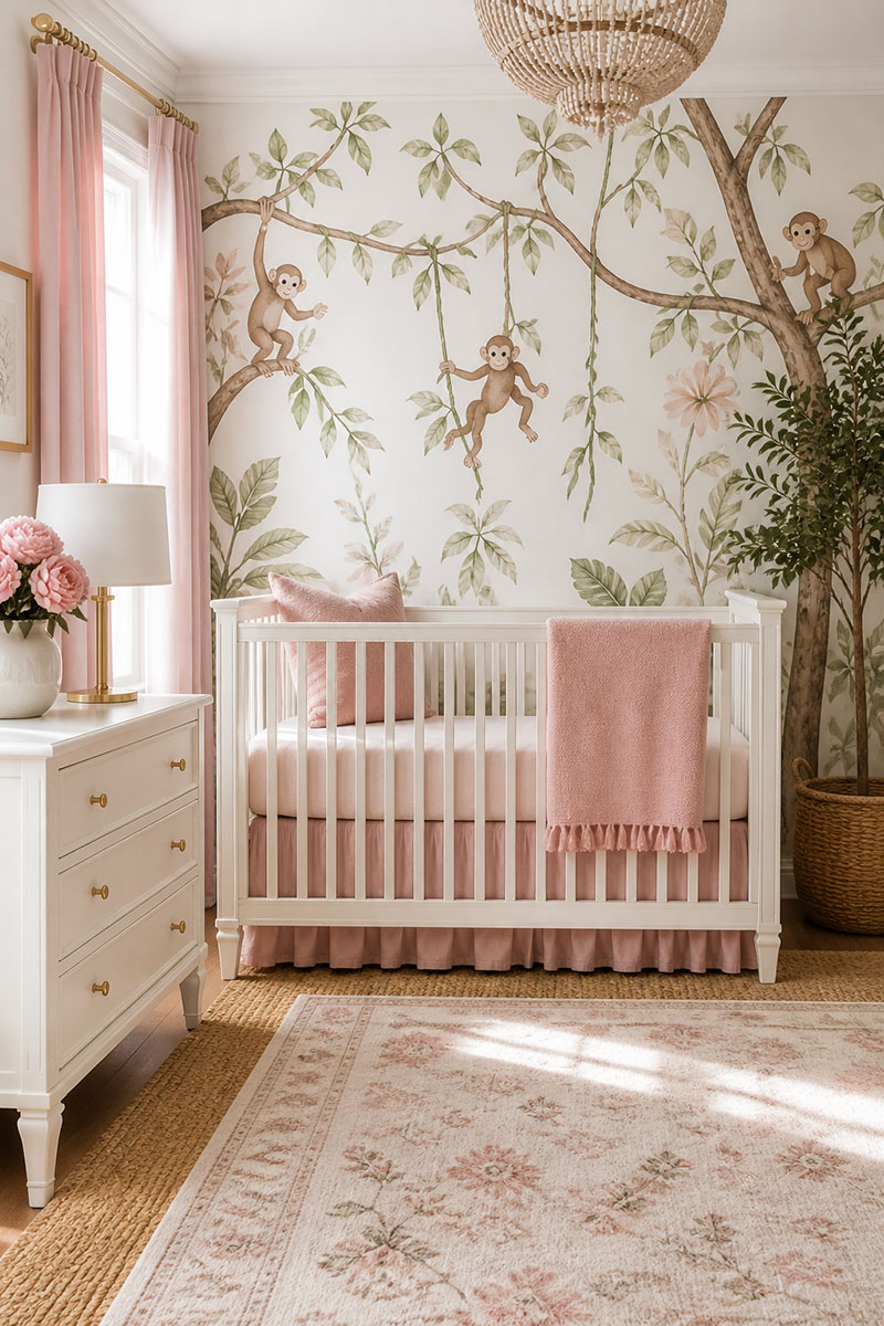 Monkey nursery wallpaper ideas with a light airy jungle wall design, white crib and pink accents