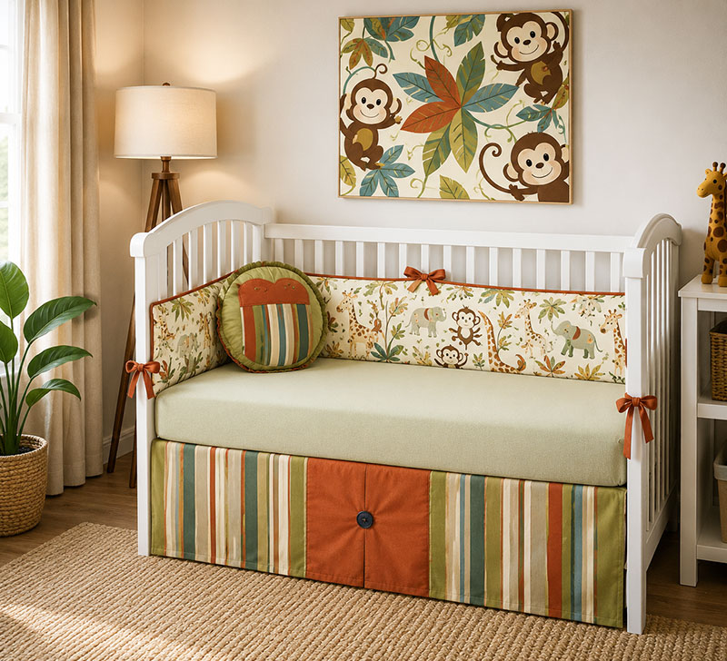 Safari jungle baby bedding with DIY monkey nursery wall art painting