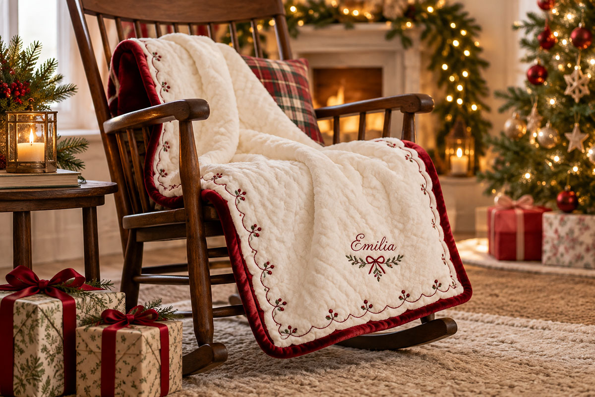 Deep cranberry and ivory monogrammed baby quilt with a small embroidered name and date label draped neatly over a dark walnut rocking chair