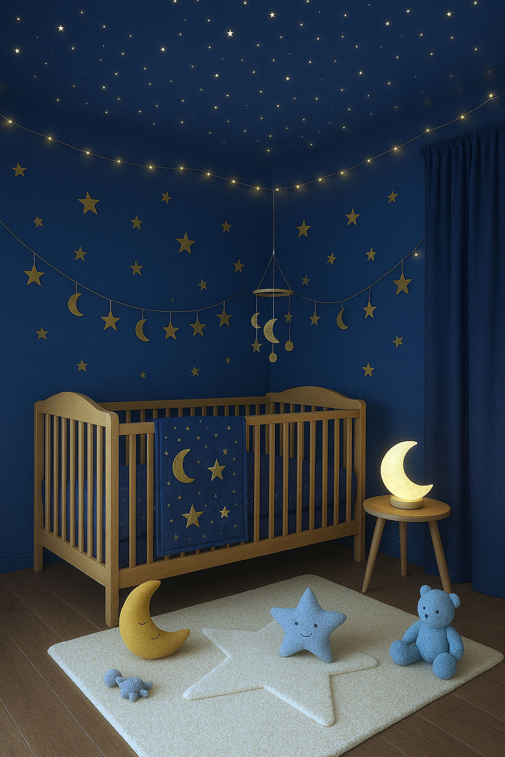 moon and stars celestial nursery design in fall colors blue and gold