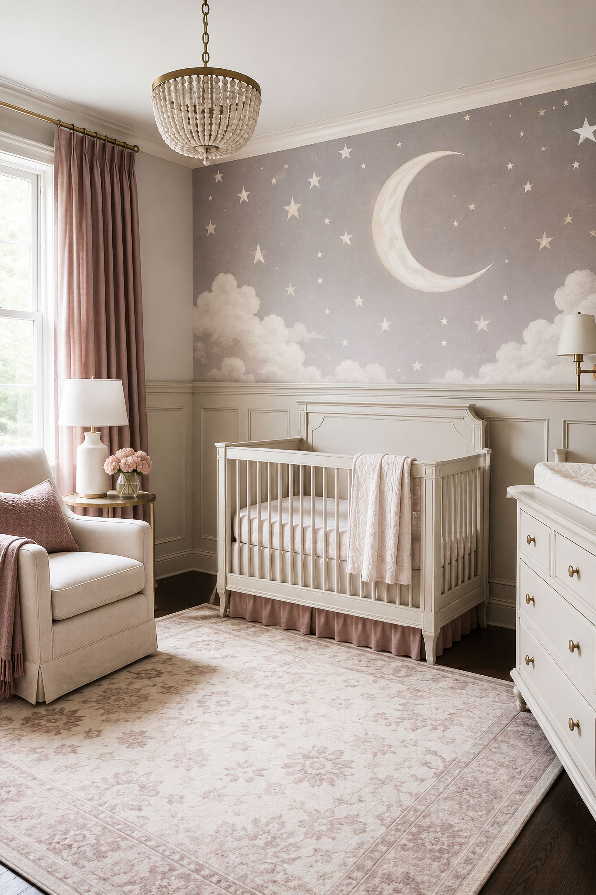 Nursery moon and stars wall mural in a boy baby room